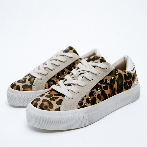 NWT. Zara Animal Print Sneakers/Leather Trainers. Size 7,5. - Picture 2 of 5